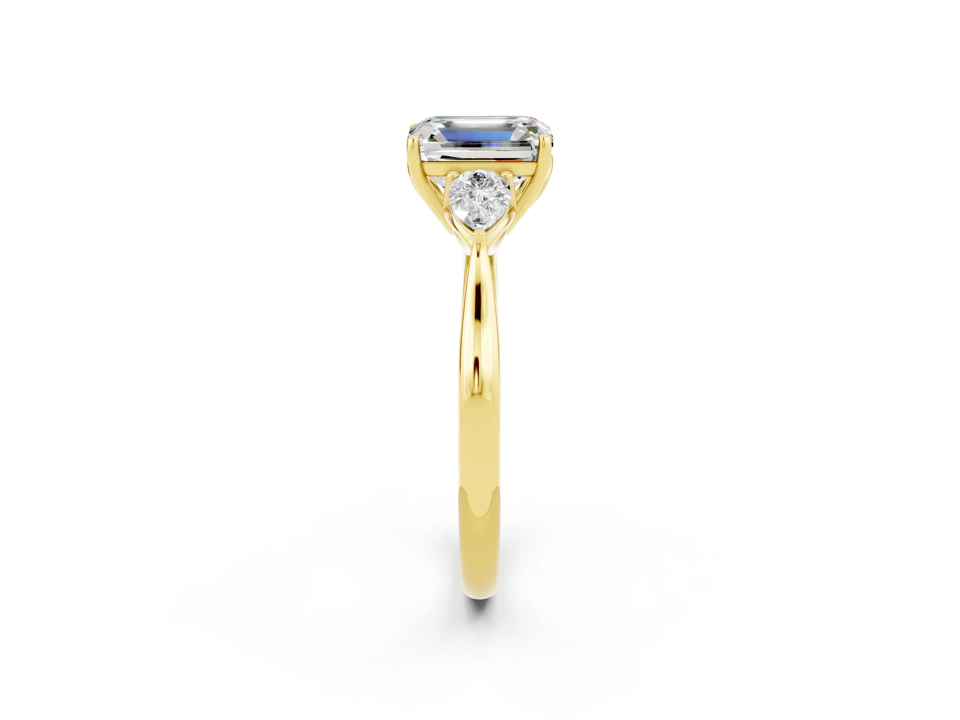 Yellow gold Emerald Cut Moissanite Three-Stone Ring with Pear Side Stones and Four-Prong Setting_14