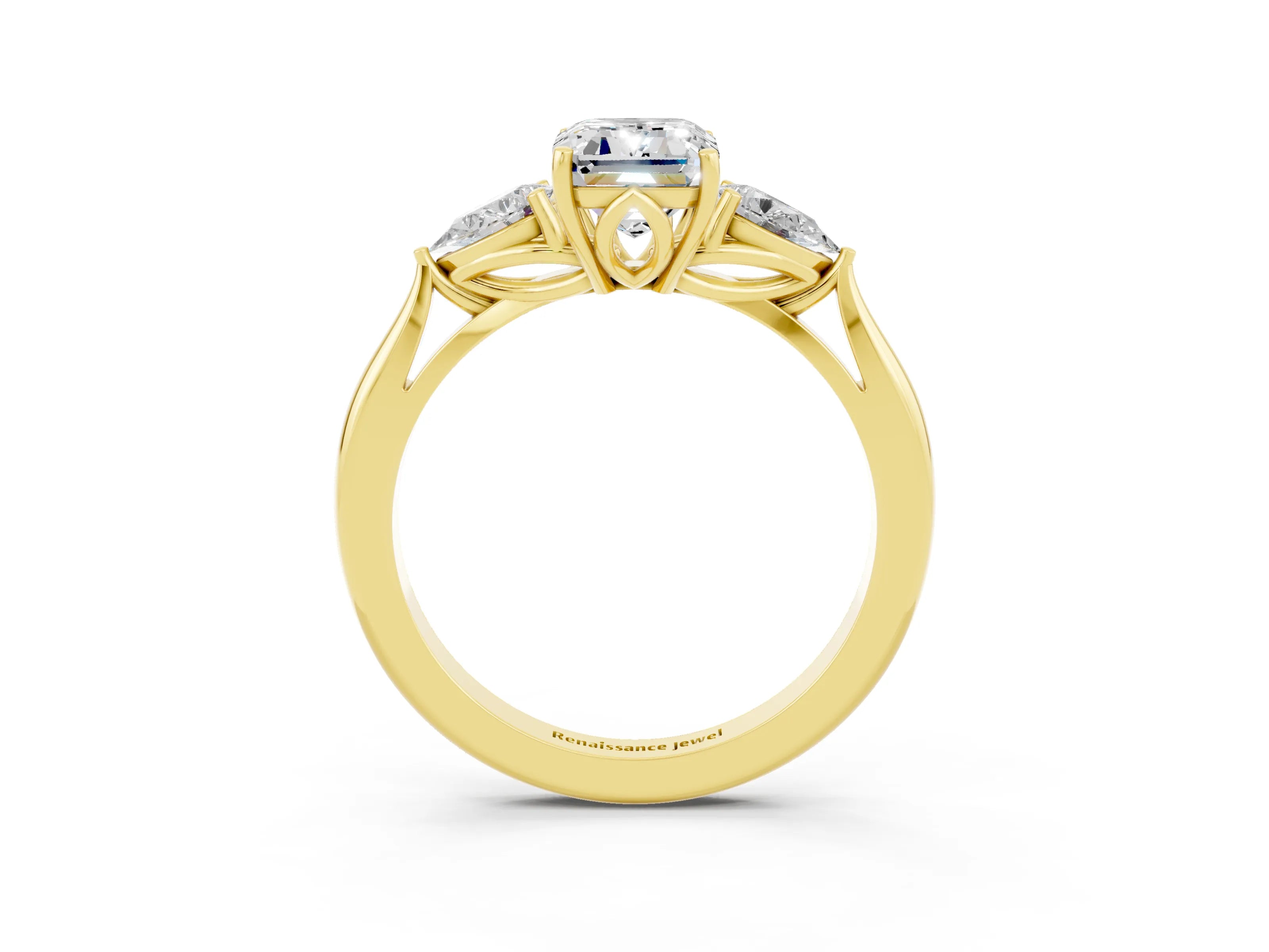 Yellow gold Emerald Cut Moissanite Three-Stone Ring with Pear Side Stones and Four-Prong Setting_15