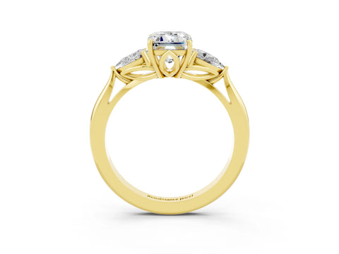 Yellow gold Emerald Cut Moissanite Three-Stone Ring with Pear Side Stones and Four-Prong Setting_15