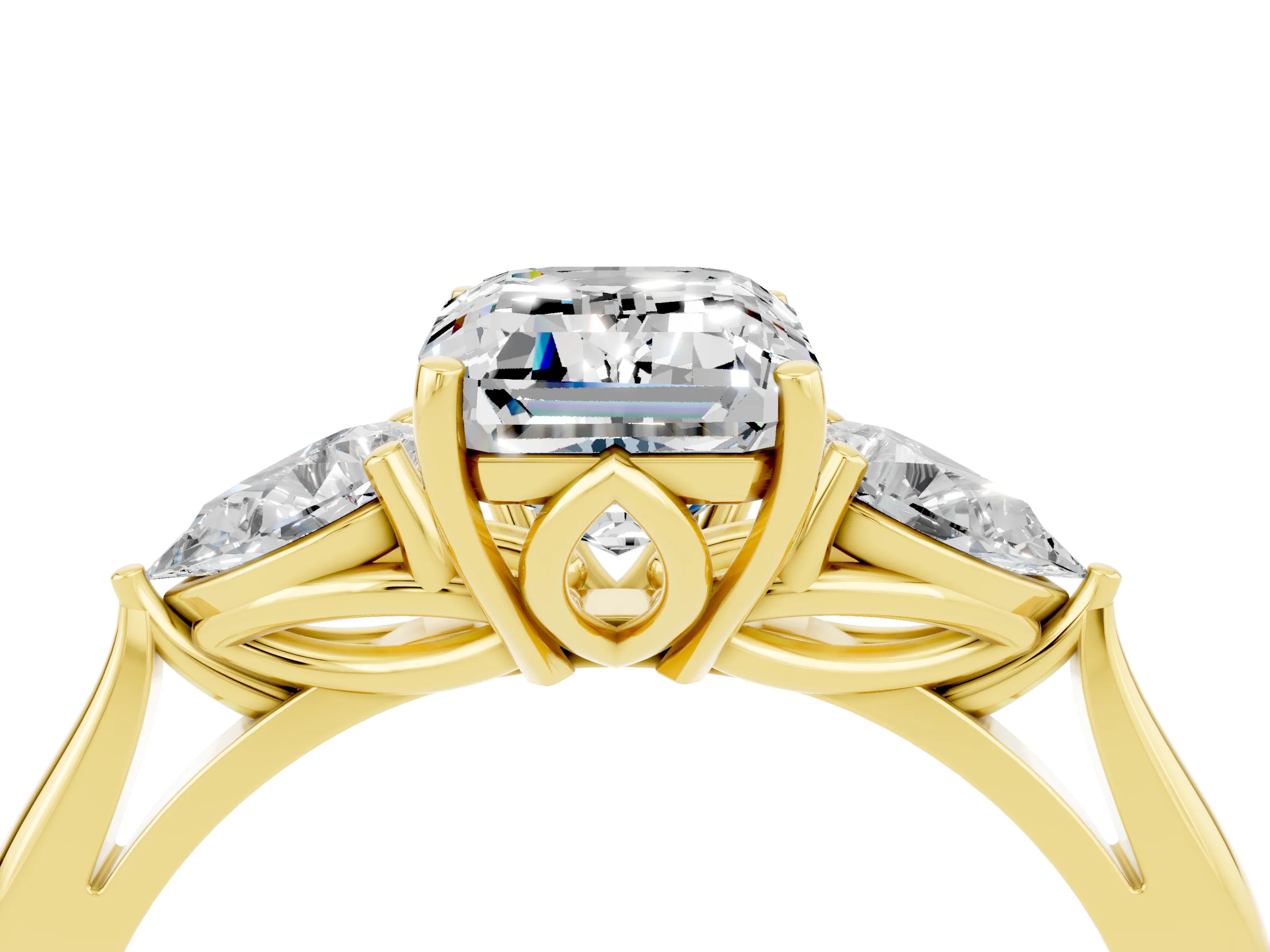 Yellow gold Emerald Cut Moissanite Three-Stone Ring with Pear Side Stones and Four-Prong Setting_16