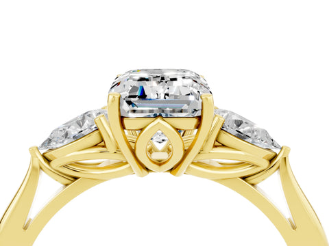 Yellow gold Emerald Cut Moissanite Three-Stone Ring with Pear Side Stones and Four-Prong Setting_16