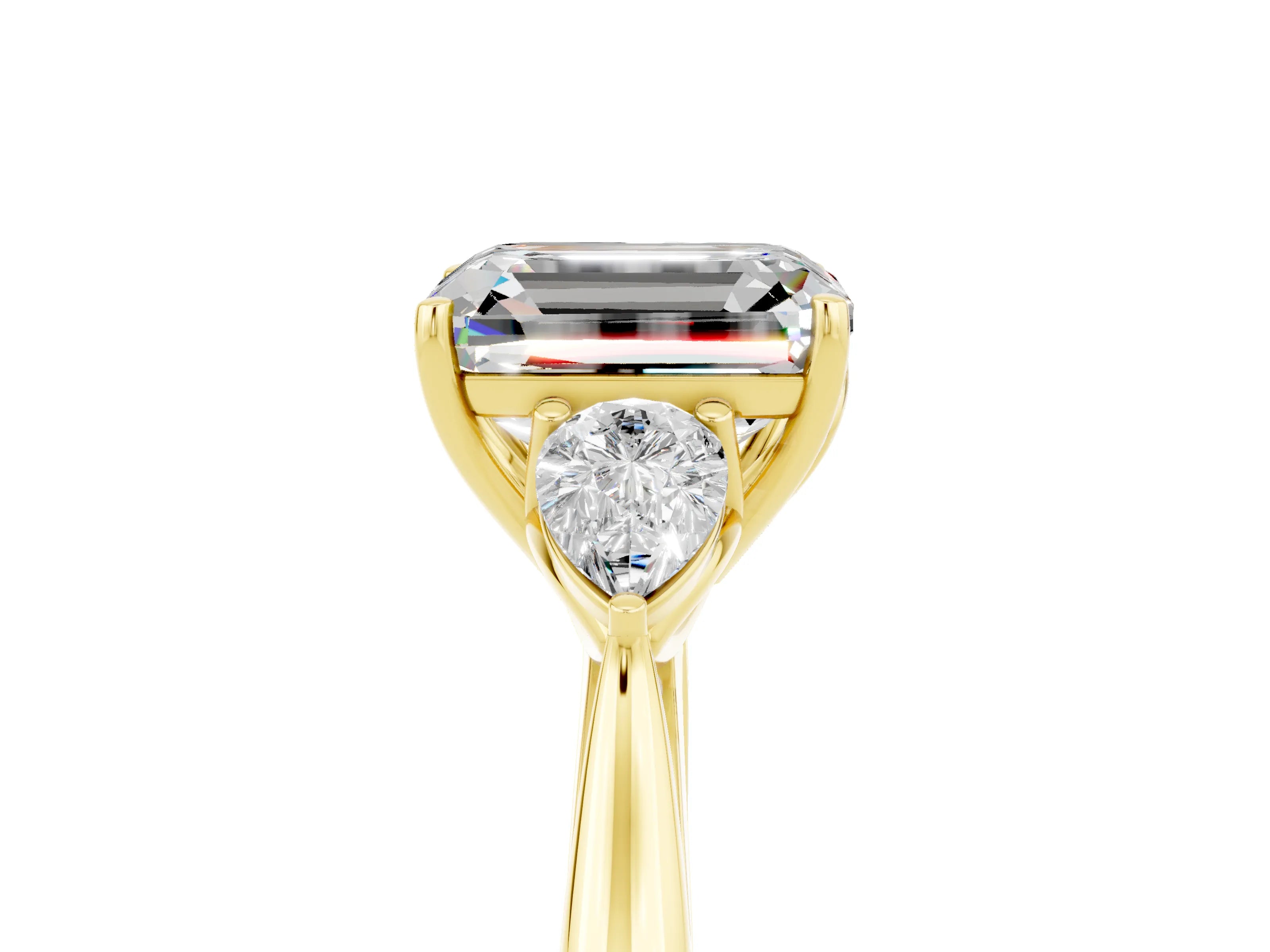 Yellow gold Emerald Cut Moissanite Three-Stone Ring with Pear Side Stones and Four-Prong Setting_17