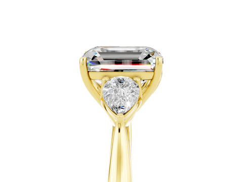 Yellow gold Emerald Cut Moissanite Three-Stone Ring with Pear Side Stones and Four-Prong Setting_17