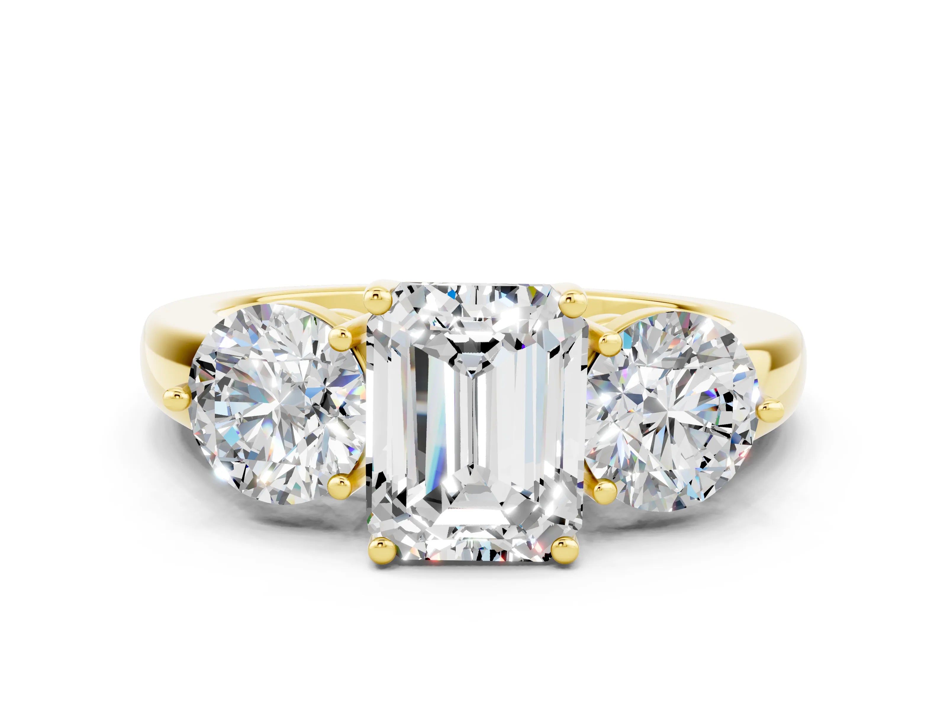 Yellow gold Emerald Cut Moissanite Three-Stone Ring with Prong Setting and Classic Band