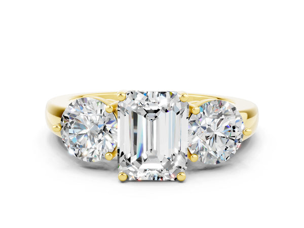 Yellow gold Emerald Cut Moissanite Three-Stone Ring with Prong Setting and Classic Band