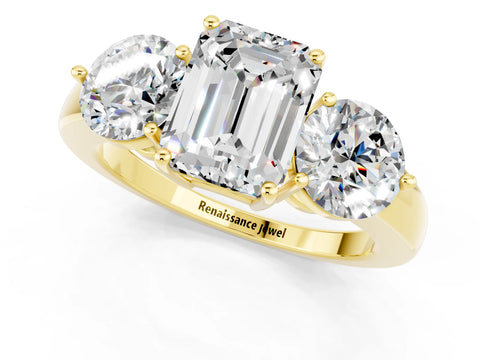 Yellow gold Emerald Cut Moissanite Three-Stone Ring with Prong Setting and Classic Band_1