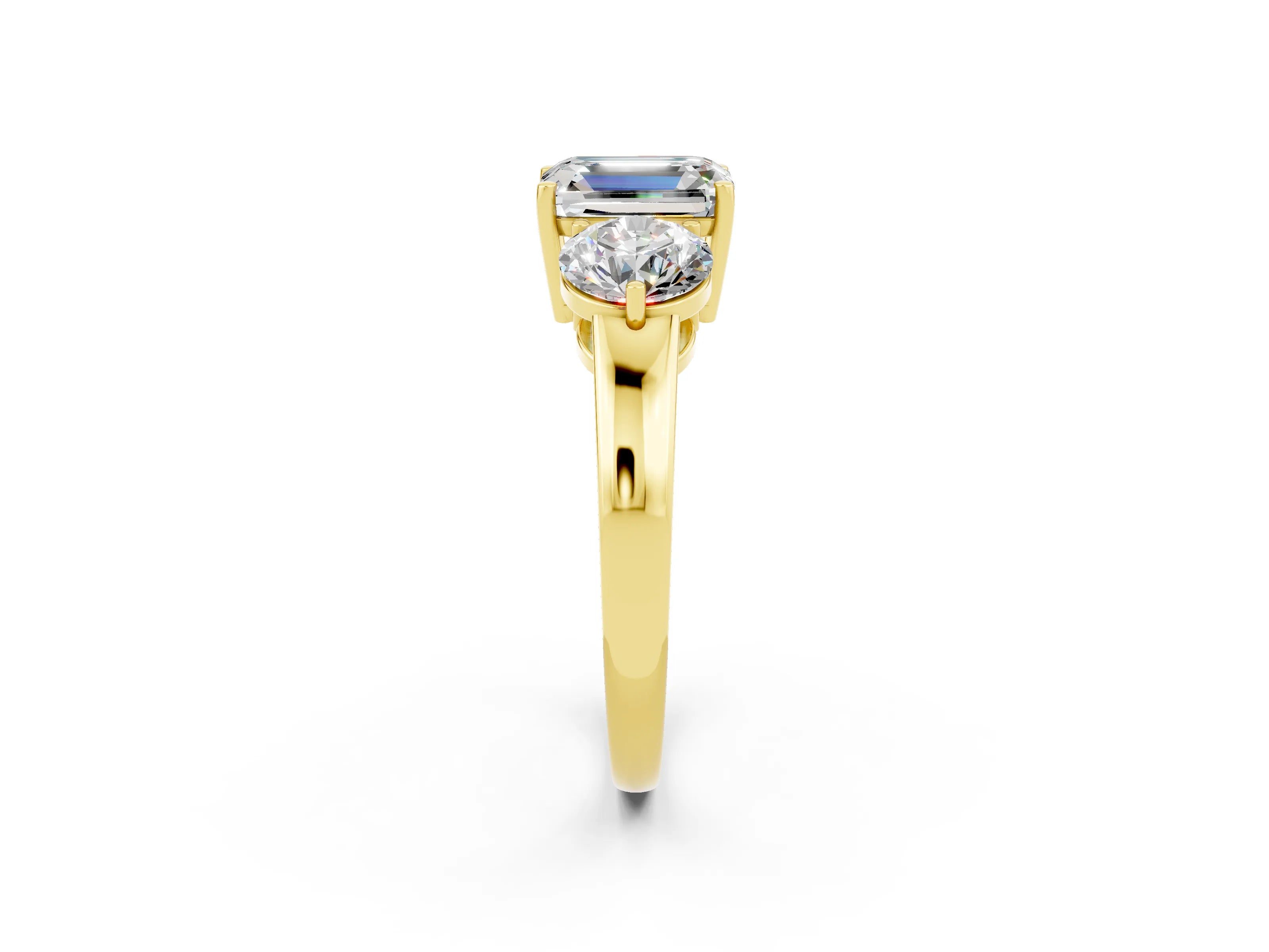 Yellow gold Emerald Cut Moissanite Three-Stone Ring with Prong Setting and Classic Band_2
