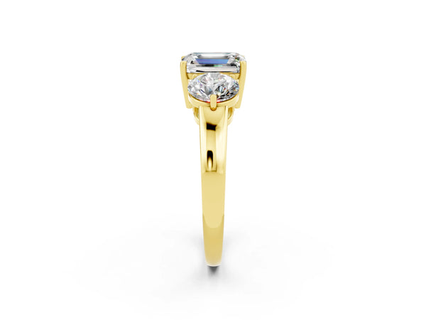 Yellow gold Emerald Cut Moissanite Three-Stone Ring with Prong Setting and Classic Band