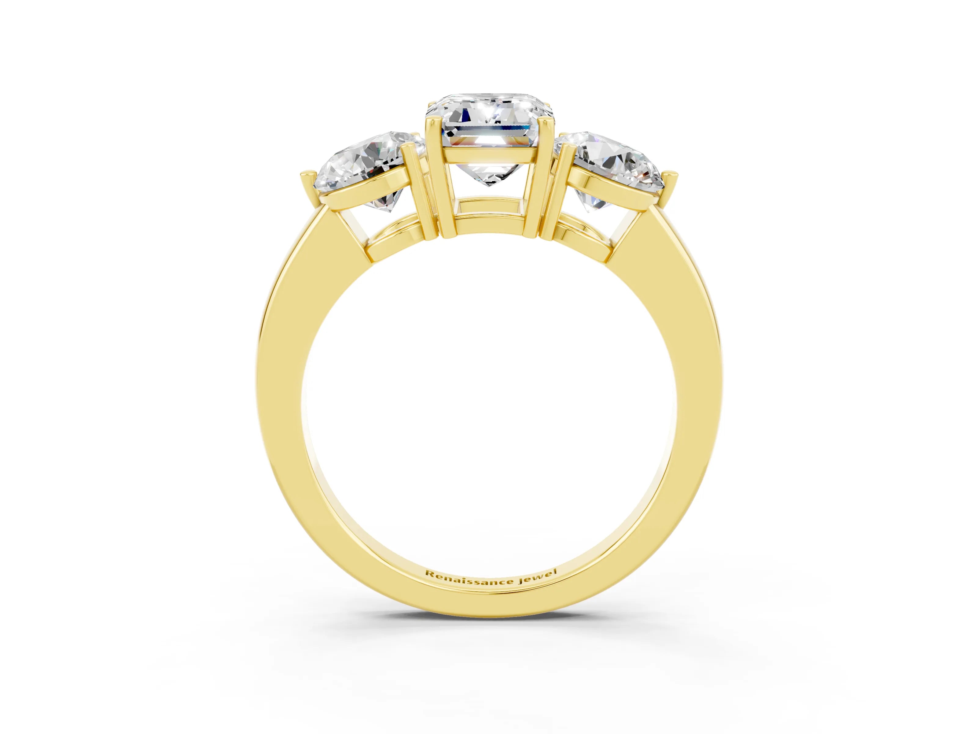 Yellow gold Emerald Cut Moissanite Three-Stone Ring with Prong Setting and Classic Band_3