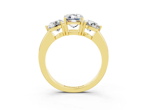 Yellow gold Emerald Cut Moissanite Three-Stone Ring with Prong Setting and Classic Band