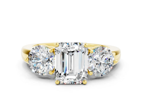 Yellow gold Emerald Cut Moissanite Three-Stone Ring with Prong Setting and Classic Band