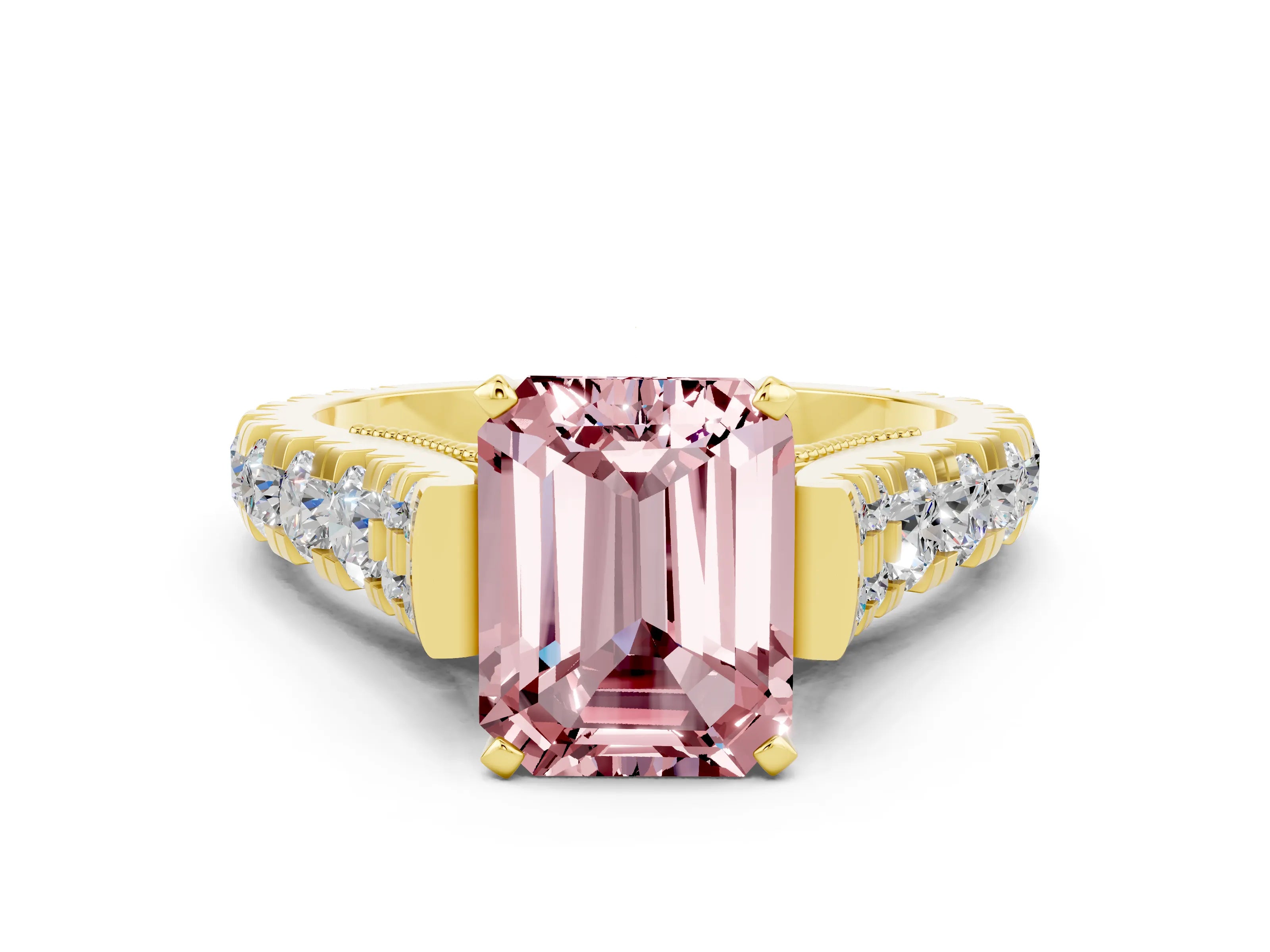 Yellow gold Emerald Cut Morganite Classic Solitaire Ring with Pavé Band and Four-Prong Setting