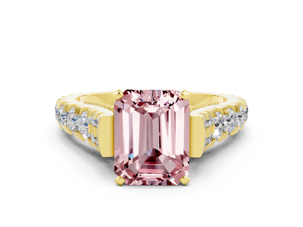 Yellow gold Emerald Cut Morganite Classic Solitaire Ring with Pavé Band and Four-Prong Setting