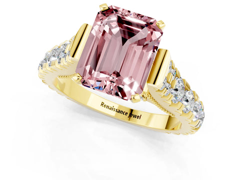 Yellow gold Emerald Cut Morganite Classic Solitaire Ring with Pavé Band and Four-Prong Setting_1