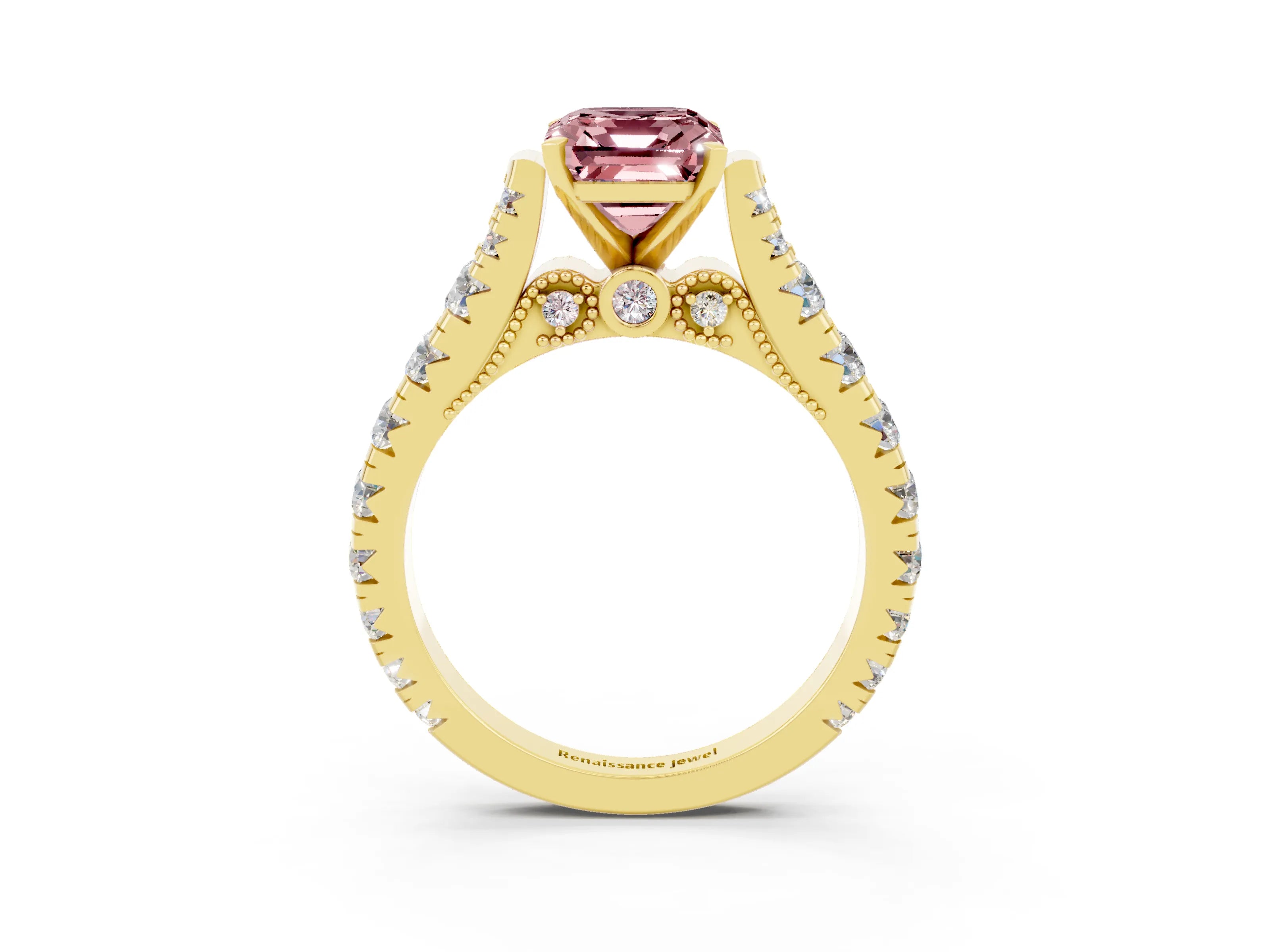 Yellow gold Emerald Cut Morganite Classic Solitaire Ring with Pavé Band and Four-Prong Setting_3