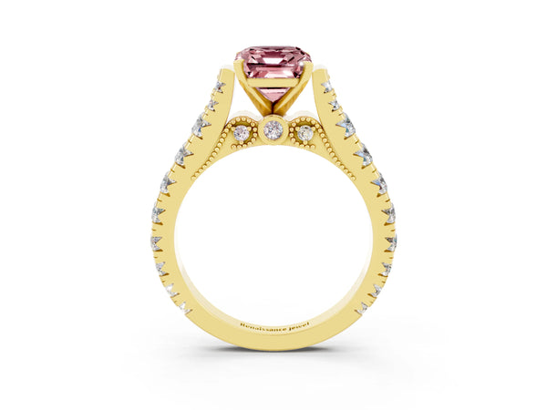 Yellow gold Emerald Cut Morganite Classic Solitaire Ring with Pavé Band and Four-Prong Setting