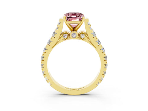 Yellow gold Emerald Cut Morganite Classic Solitaire Ring with Pavé Band and Four-Prong Setting_3