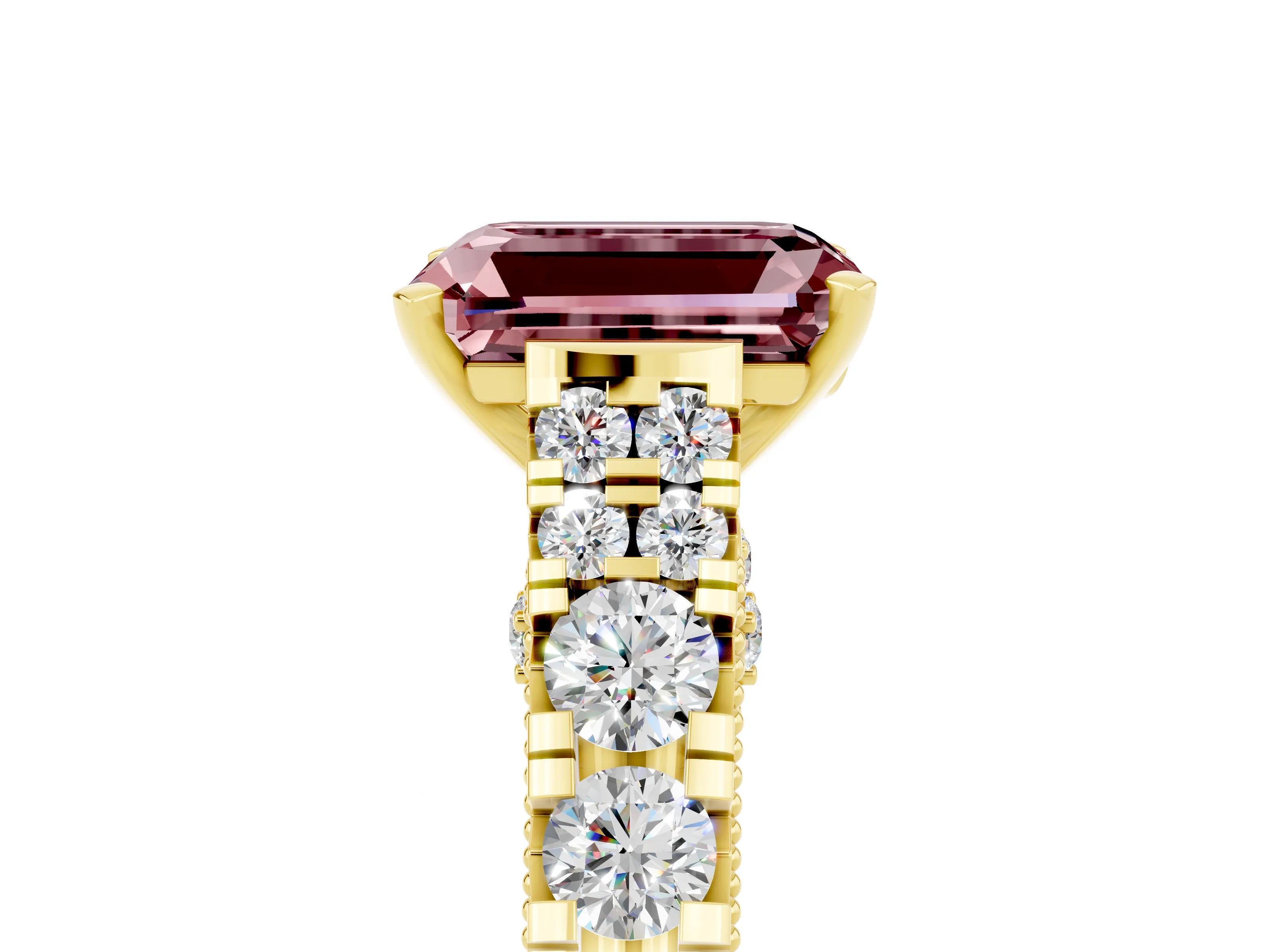 Yellow gold Emerald Cut Morganite Classic Solitaire Ring with Pavé Band and Four-Prong Setting_5