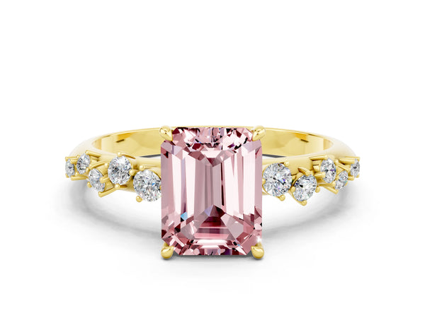 Yellow gold Emerald Cut Morganite Cluster Side Stone Solitaire Ring with Prong Setting