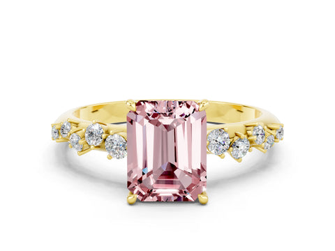 Yellow gold Emerald Cut Morganite Cluster Side Stone Solitaire Ring with Prong Setting_24