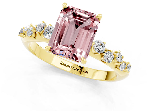 Yellow gold Emerald Cut Morganite Cluster Side Stone Solitaire Ring with Prong Setting