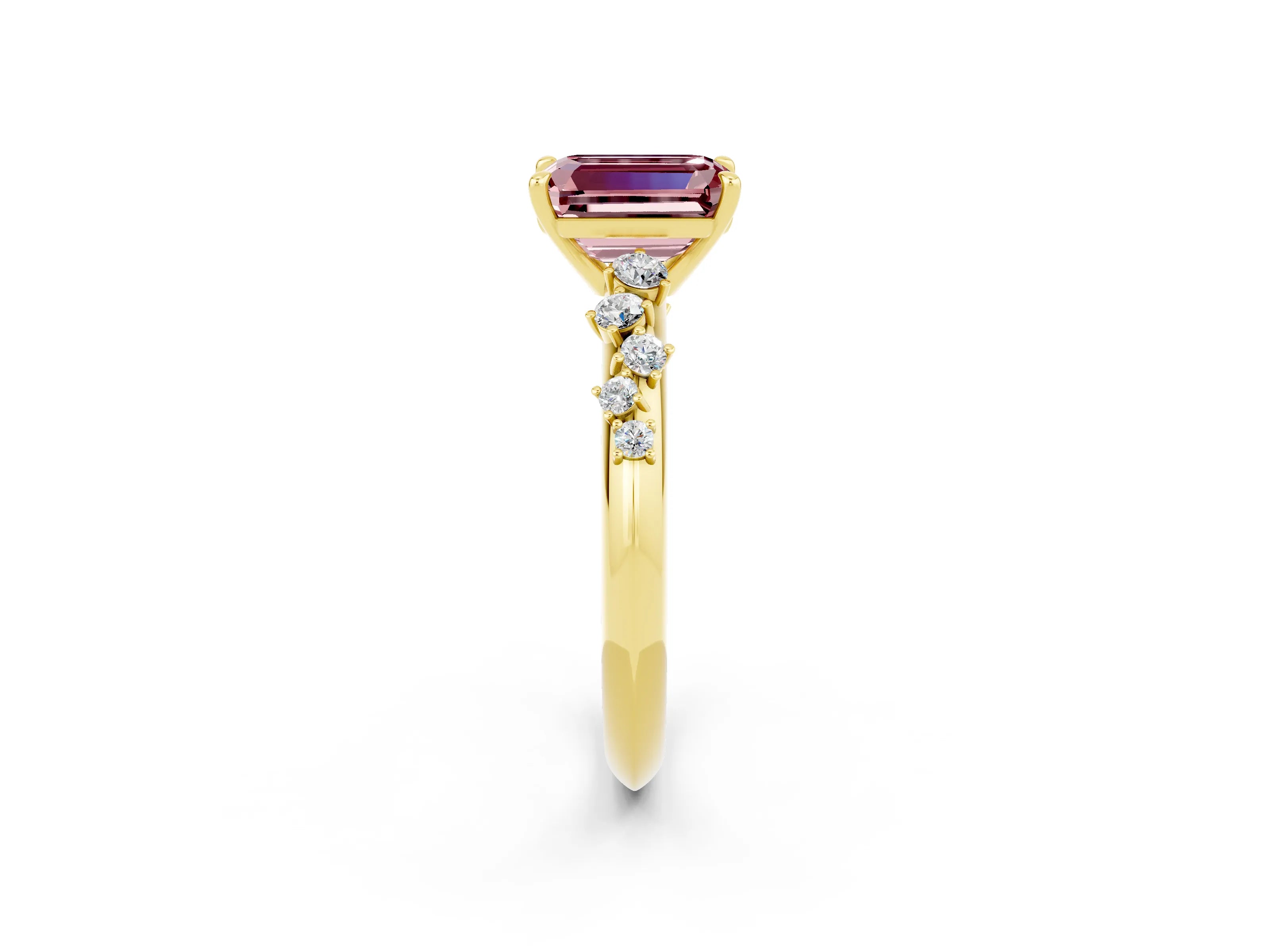 Yellow gold Emerald Cut Morganite Cluster Side Stone Solitaire Ring with Prong Setting_26