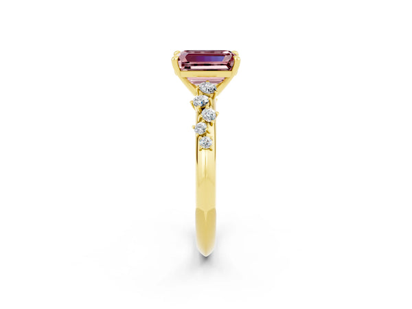 Yellow gold Emerald Cut Morganite Cluster Side Stone Solitaire Ring with Prong Setting