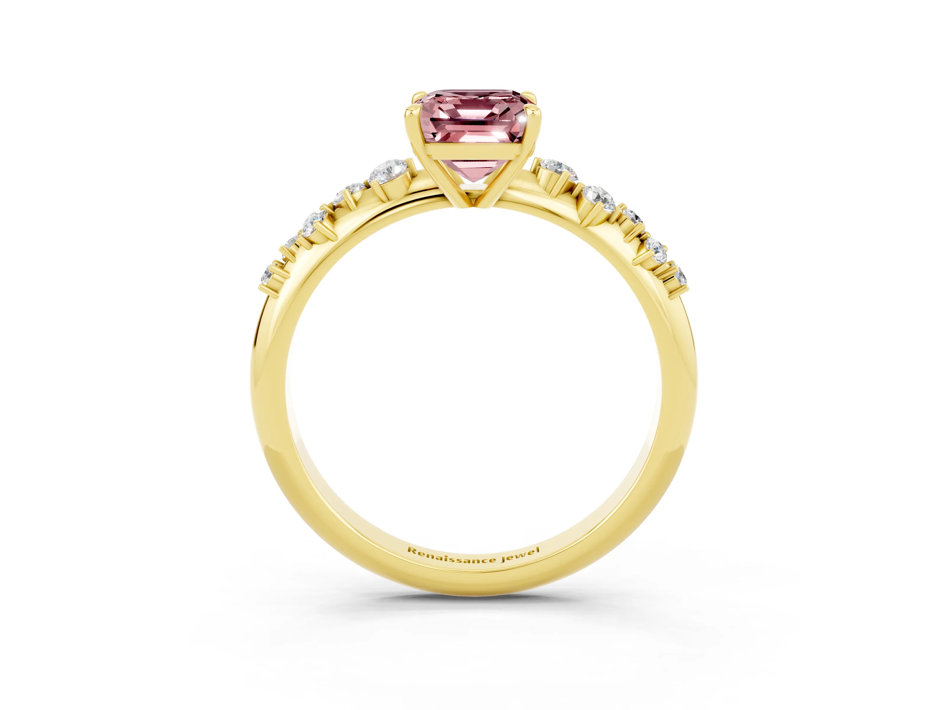 Yellow gold Emerald Cut Morganite Cluster Side Stone Solitaire Ring with Prong Setting_27