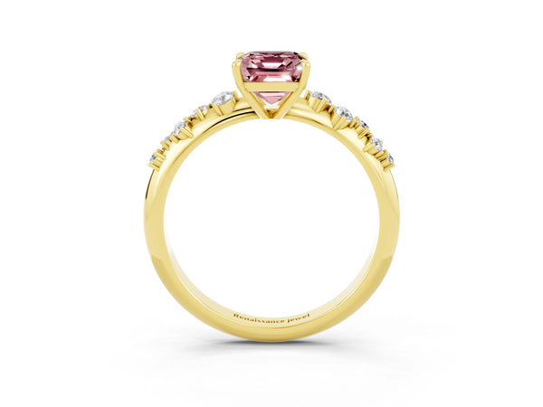 Yellow gold Emerald Cut Morganite Cluster Side Stone Solitaire Ring with Prong Setting