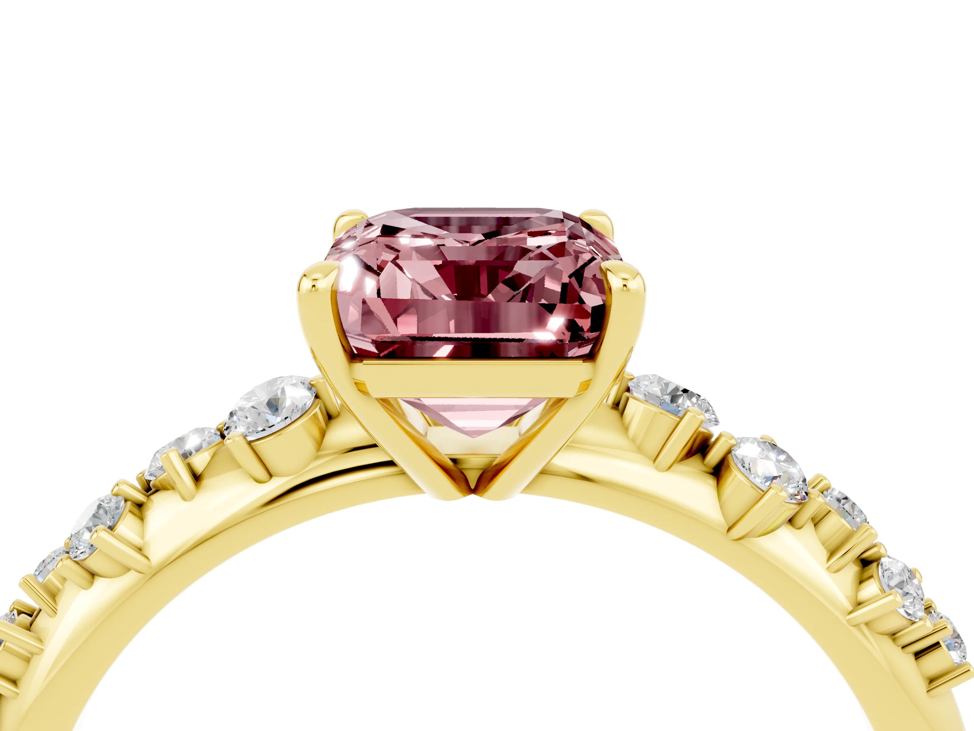 Yellow gold Emerald Cut Morganite Cluster Side Stone Solitaire Ring with Prong Setting_28