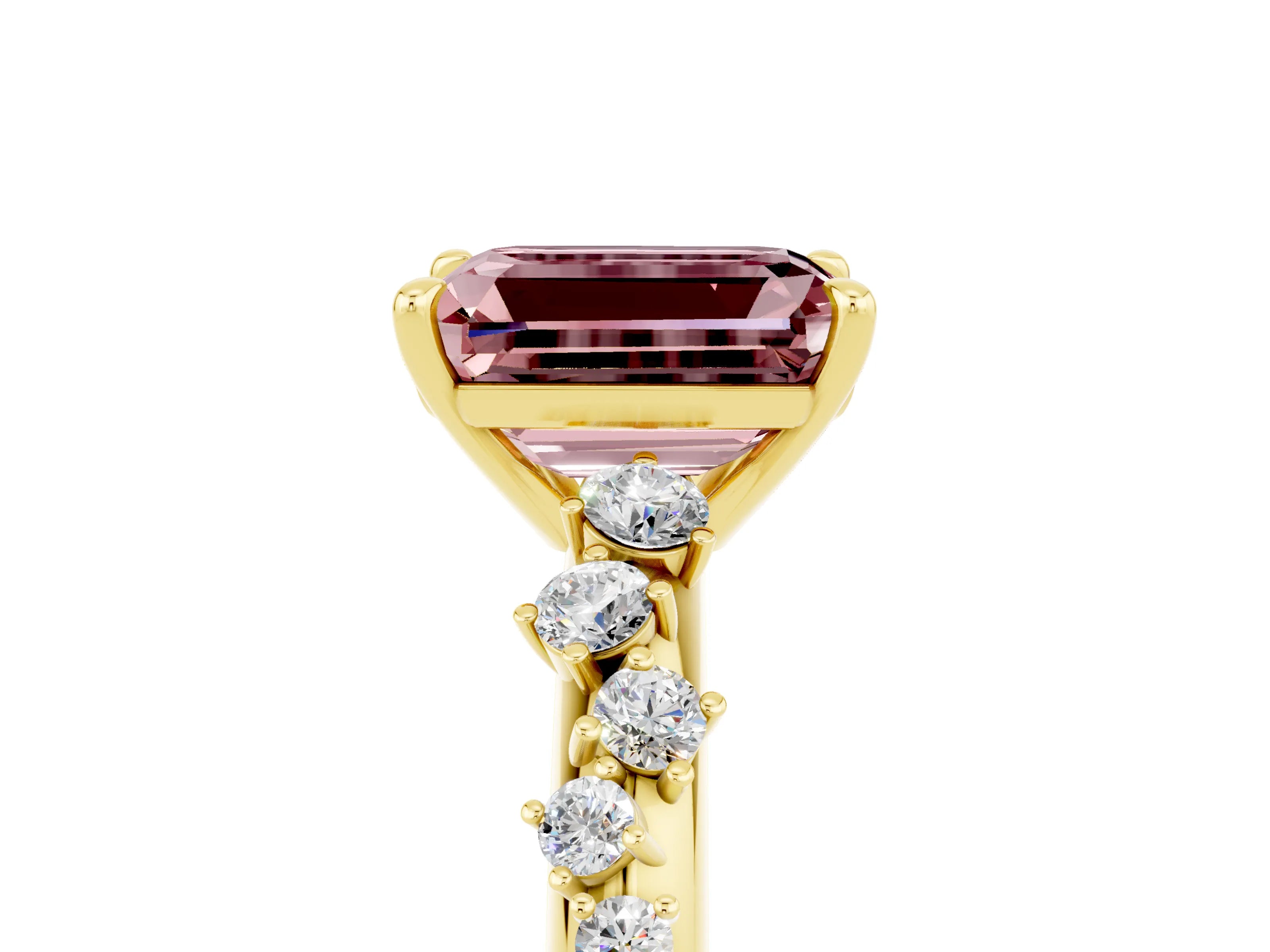 Yellow gold Emerald Cut Morganite Cluster Side Stone Solitaire Ring with Prong Setting_29