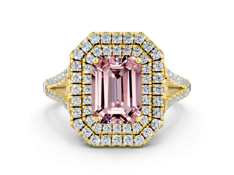 Yellow gold Emerald Cut Morganite Double Halo Ring with Pavé Band and Prong Setting_12