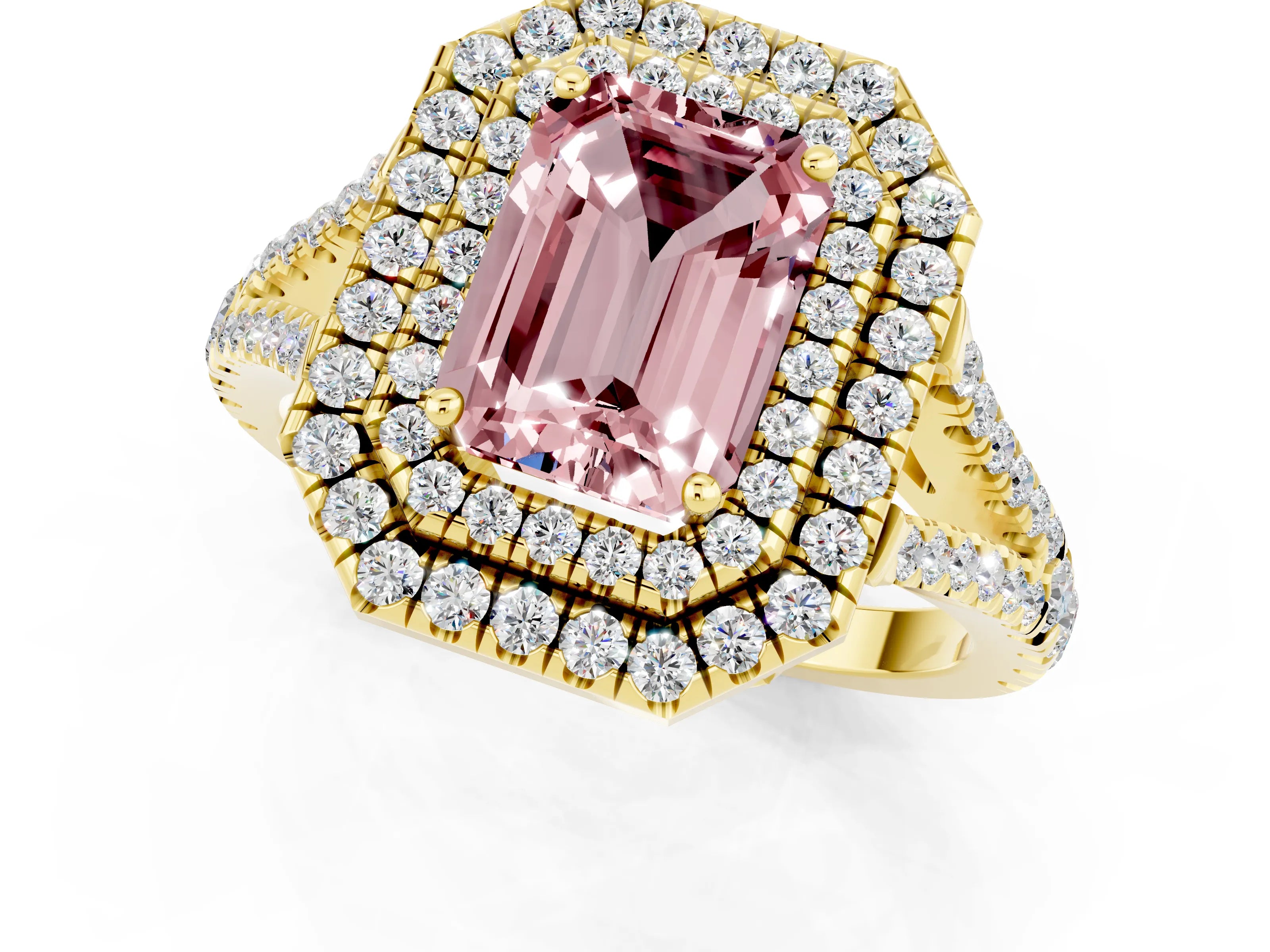 Yellow gold Emerald Cut Morganite Double Halo Ring with Pavé Band and Prong Setting_13
