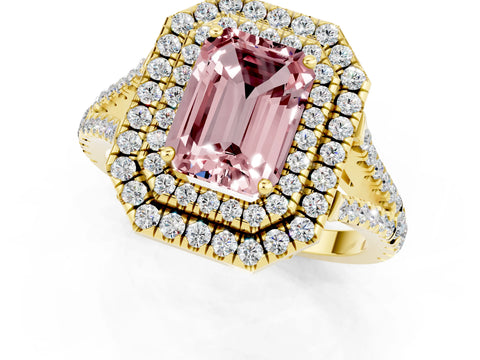 Yellow gold Emerald Cut Morganite Double Halo Ring with Pavé Band and Prong Setting_13