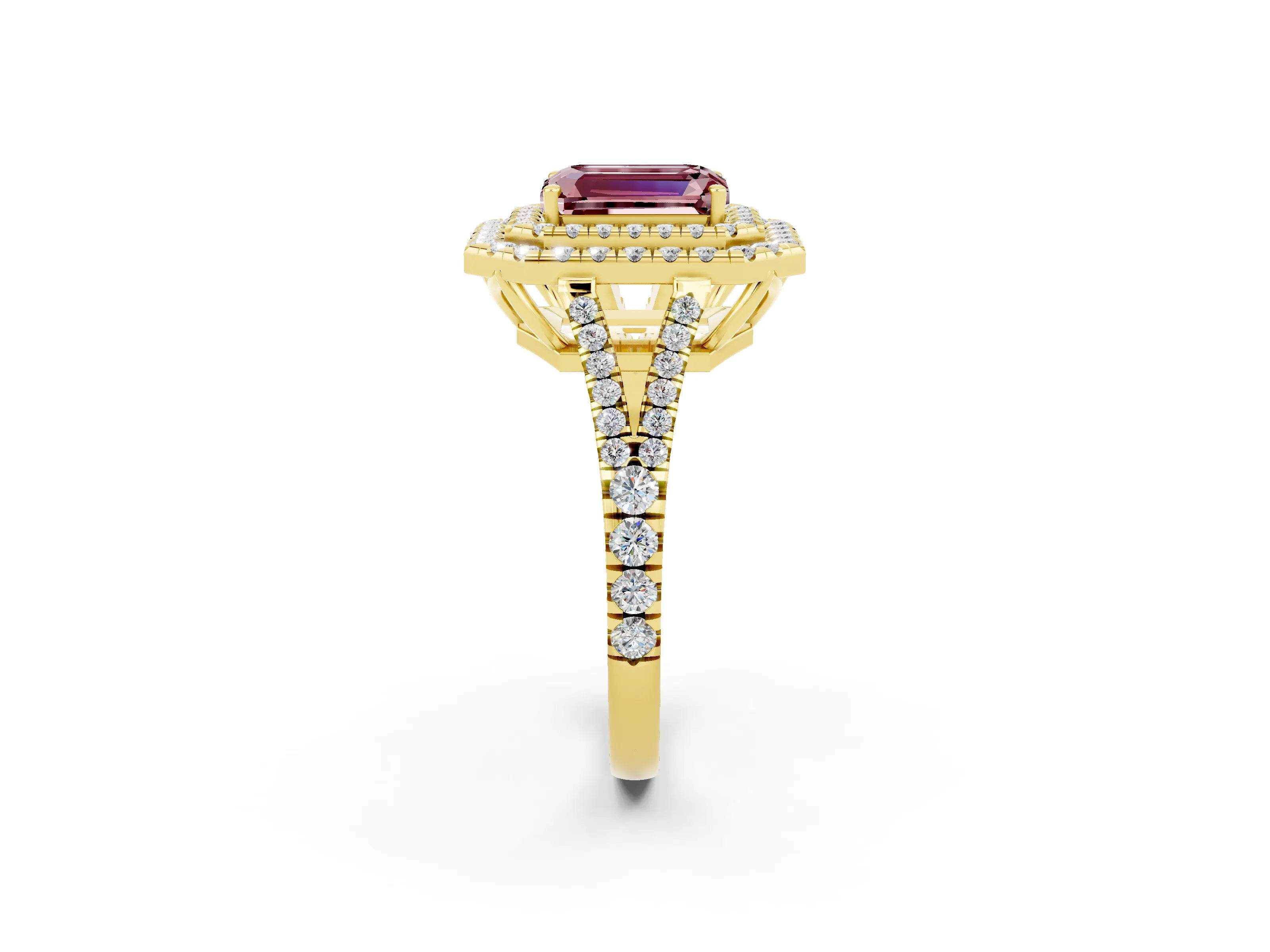 Yellow gold Emerald Cut Morganite Double Halo Ring with Pavé Band and Prong Setting_14