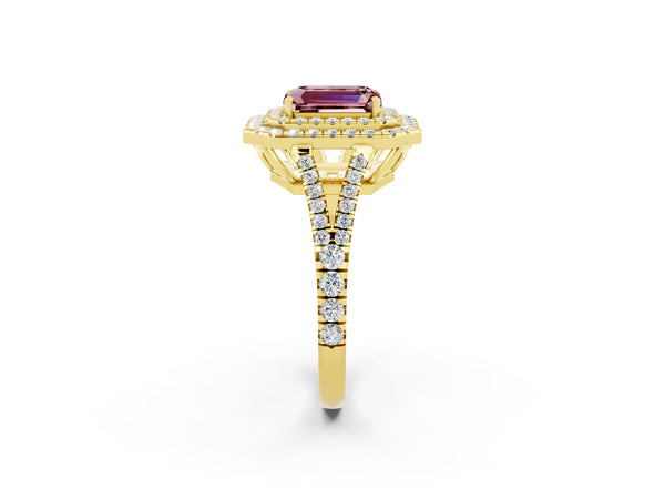 Yellow gold Emerald Cut Morganite Double Halo Ring with Pavé Band and Prong Setting