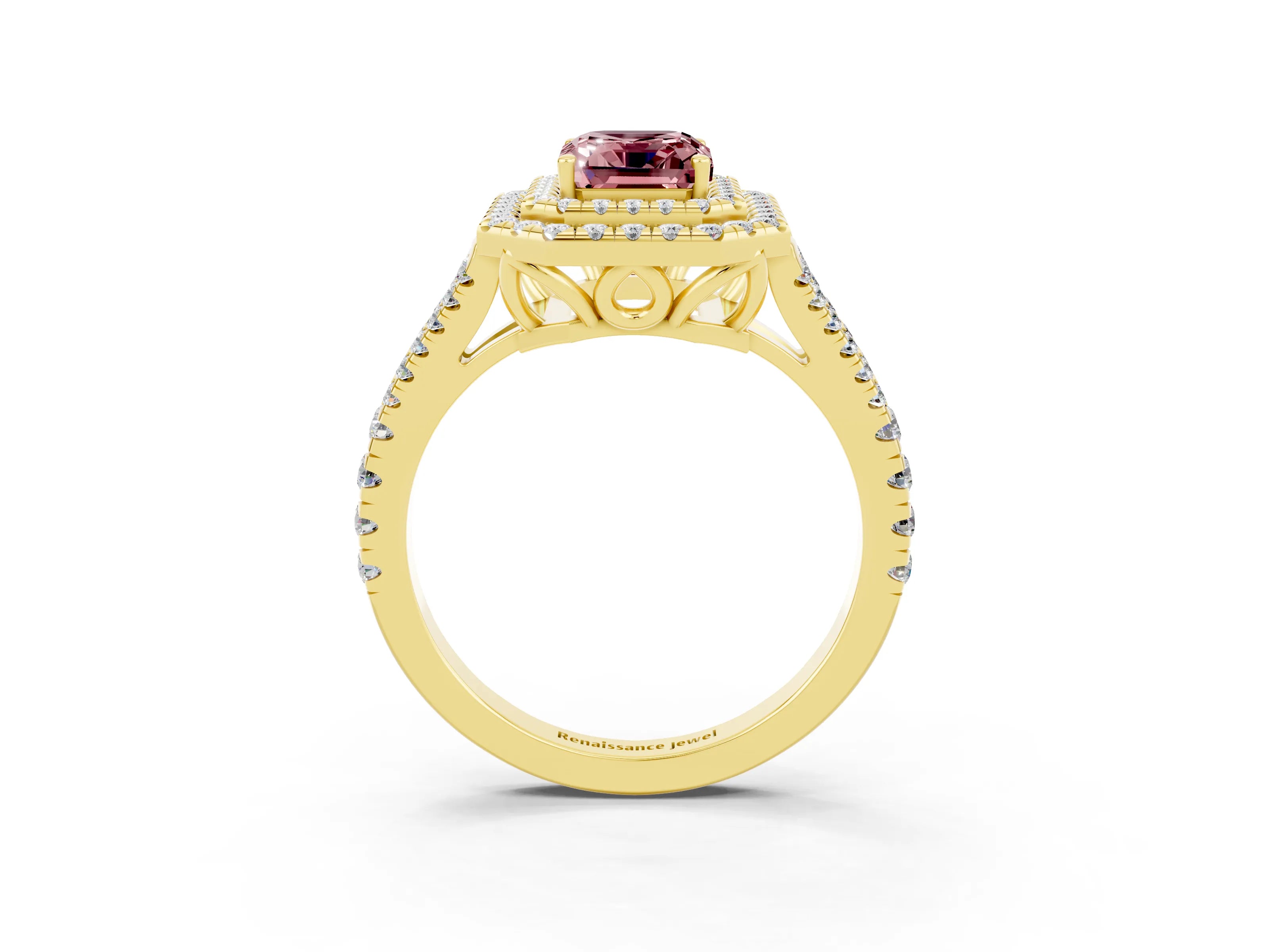 Yellow gold Emerald Cut Morganite Double Halo Ring with Pavé Band and Prong Setting_15
