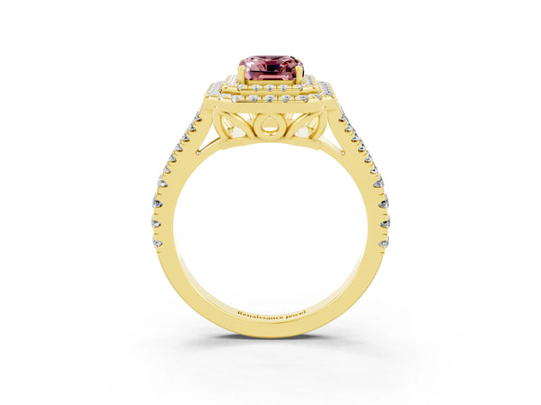 Yellow gold Emerald Cut Morganite Double Halo Ring with Pavé Band and Prong Setting