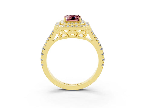 Yellow gold Emerald Cut Morganite Double Halo Ring with Pavé Band and Prong Setting_15