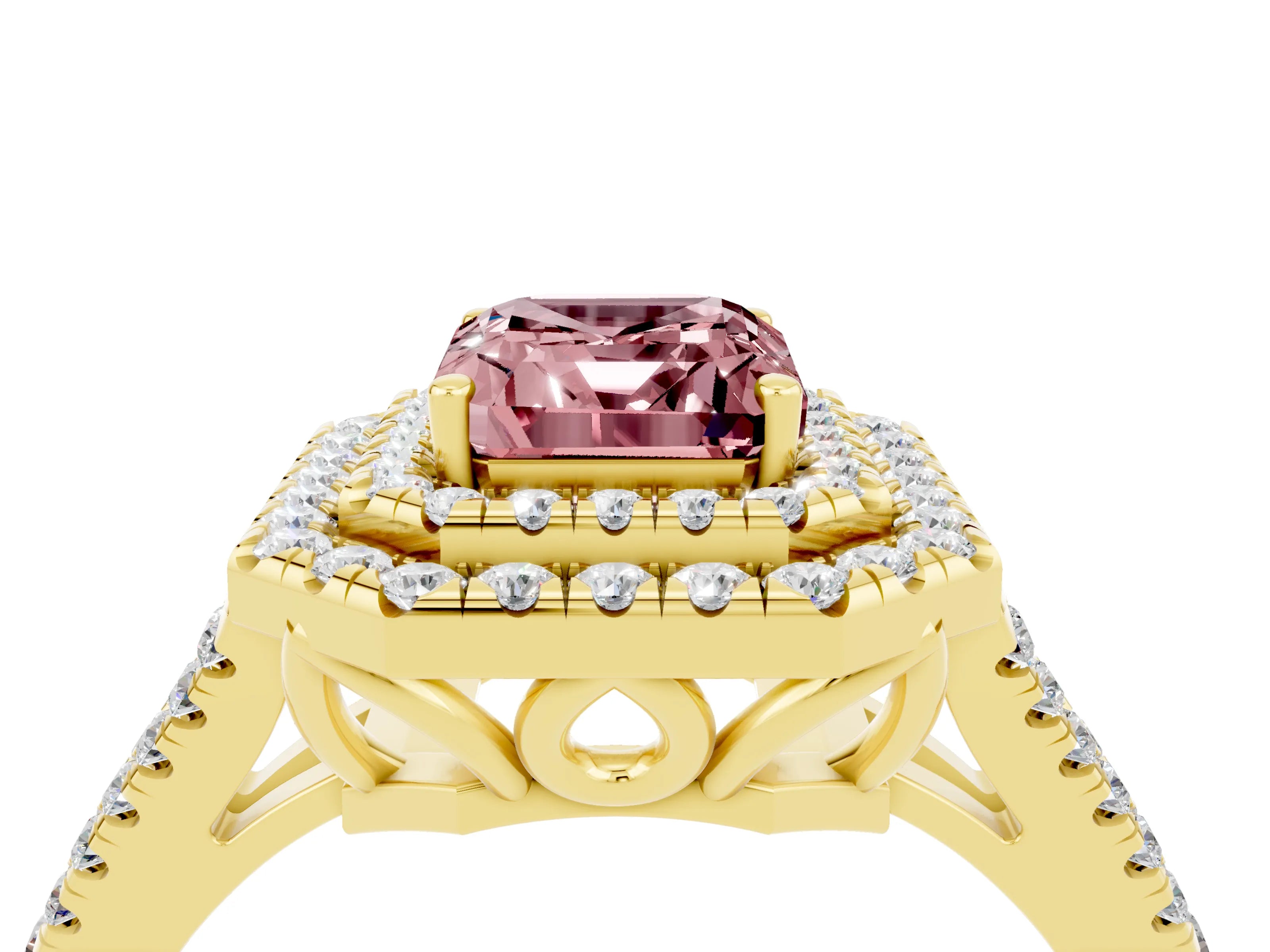 Yellow gold Emerald Cut Morganite Double Halo Ring with Pavé Band and Prong Setting_16