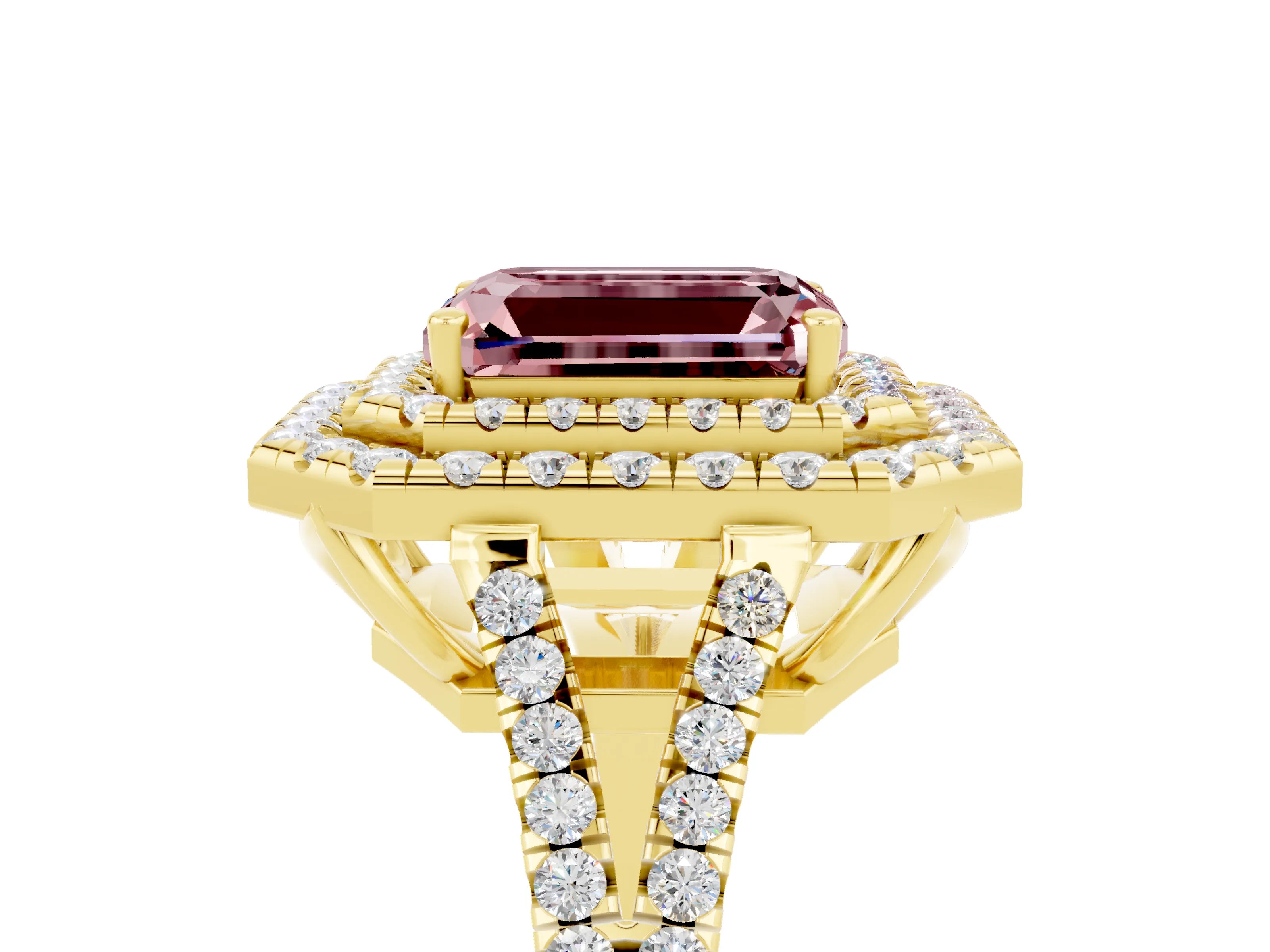Yellow gold Emerald Cut Morganite Double Halo Ring with Pavé Band and Prong Setting_17