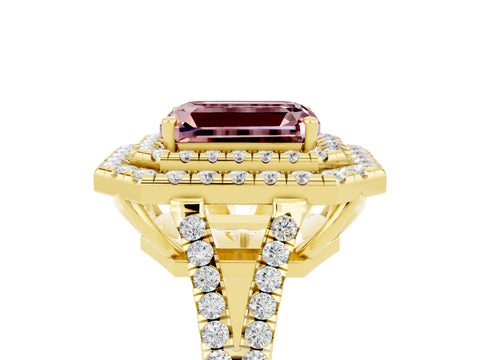Yellow gold Emerald Cut Morganite Double Halo Ring with Pavé Band and Prong Setting_17