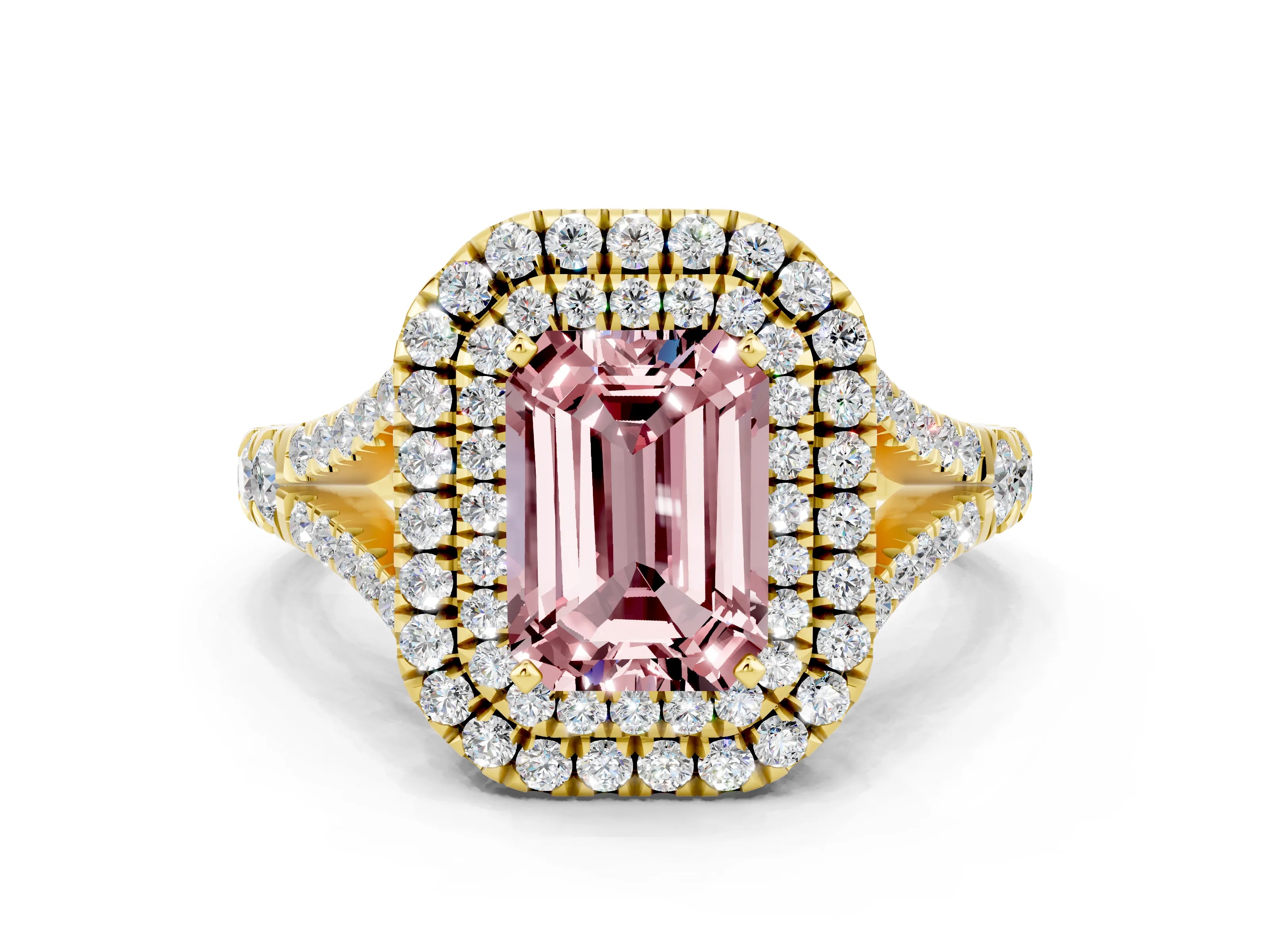 Yellow gold Emerald Cut Morganite Double Halo Ring with Split Shank and Prong Setting_12