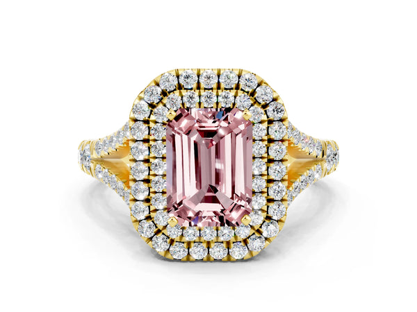 Yellow gold Emerald Cut Morganite Double Halo Ring with Split Shank and Prong Setting