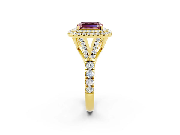 Yellow gold Emerald Cut Morganite Double Halo Ring with Split Shank and Prong Setting