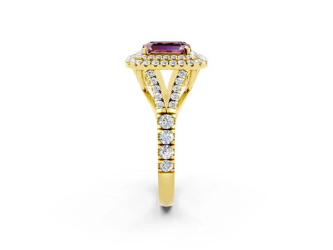 Yellow gold Emerald Cut Morganite Double Halo Ring with Split Shank and Prong Setting_14