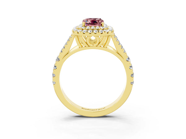 Yellow gold Emerald Cut Morganite Double Halo Ring with Split Shank and Prong Setting