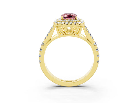Yellow gold Emerald Cut Morganite Double Halo Ring with Split Shank and Prong Setting_15