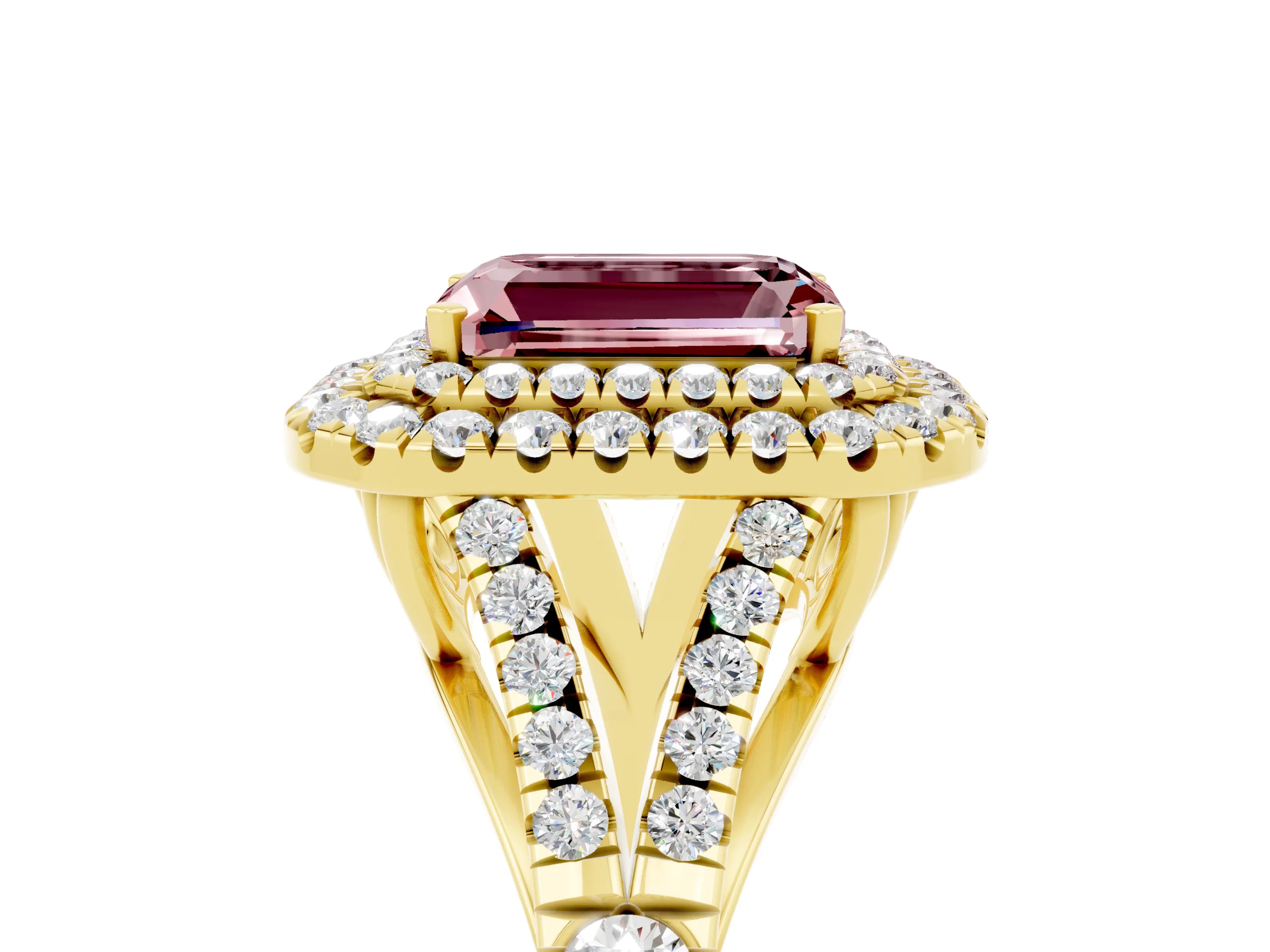 Yellow gold Emerald Cut Morganite Double Halo Ring with Split Shank and Prong Setting_17
