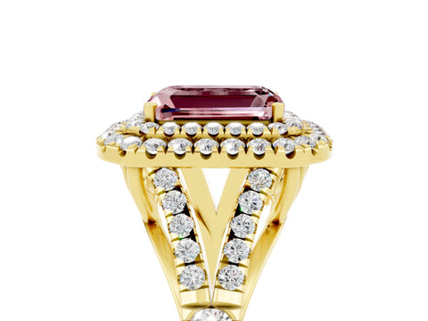 Yellow gold Emerald Cut Morganite Double Halo Ring with Split Shank and Prong Setting_17